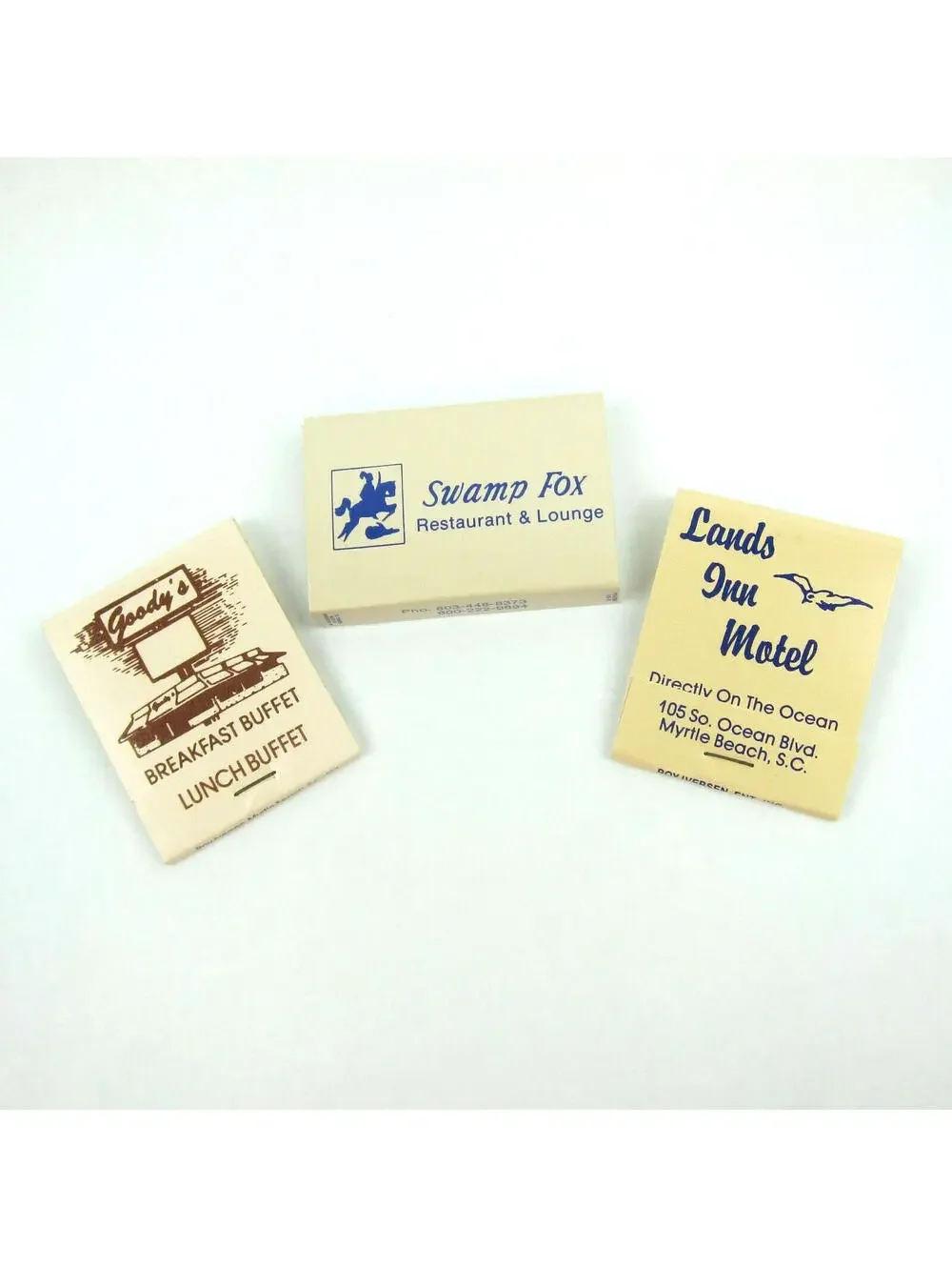 3 Vintage Matchbooks Swamp Fox, Goody's, Lands Inn Myrtle Beach South Carolina